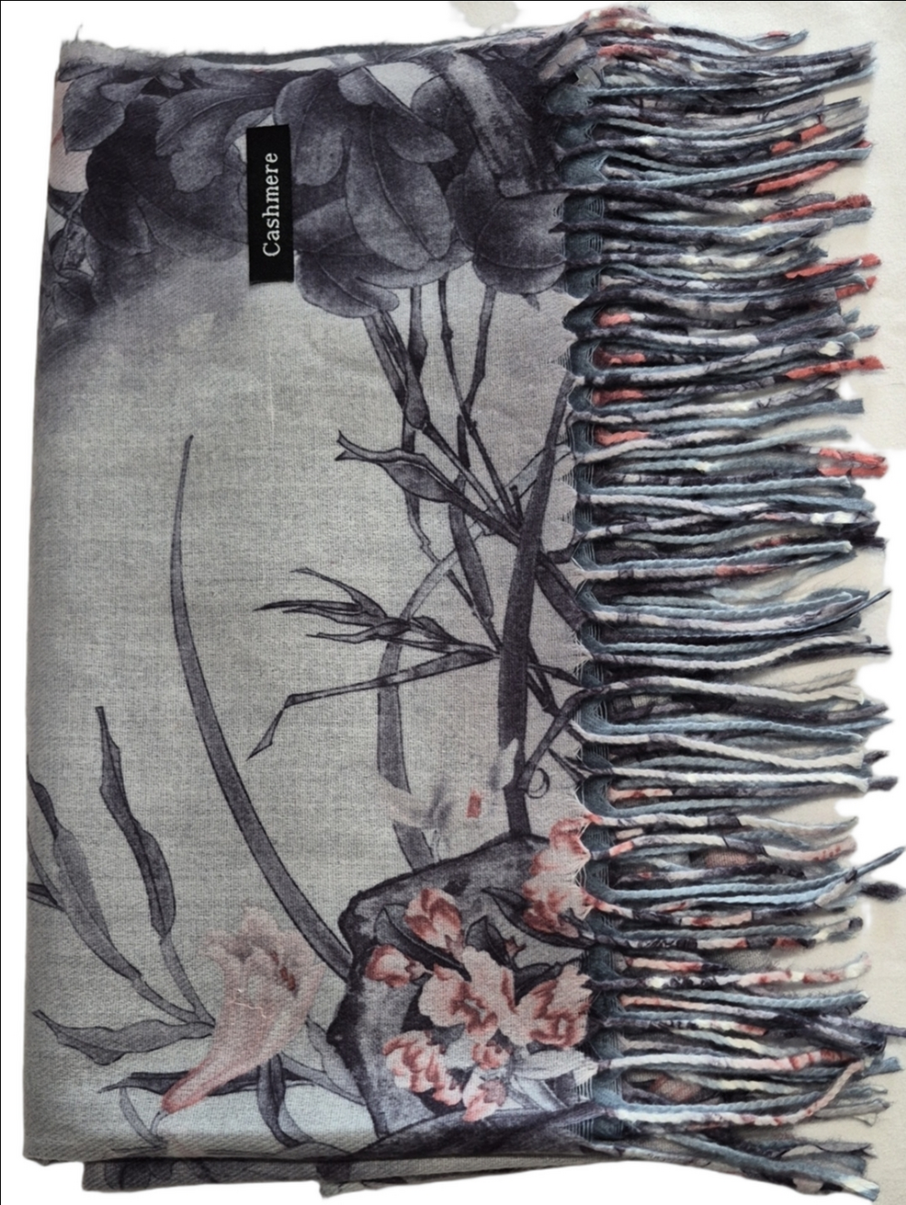 Reversible Cashmere Floral Scarf Ink Painting Gray Botanical Shawl Fringe 27x69"